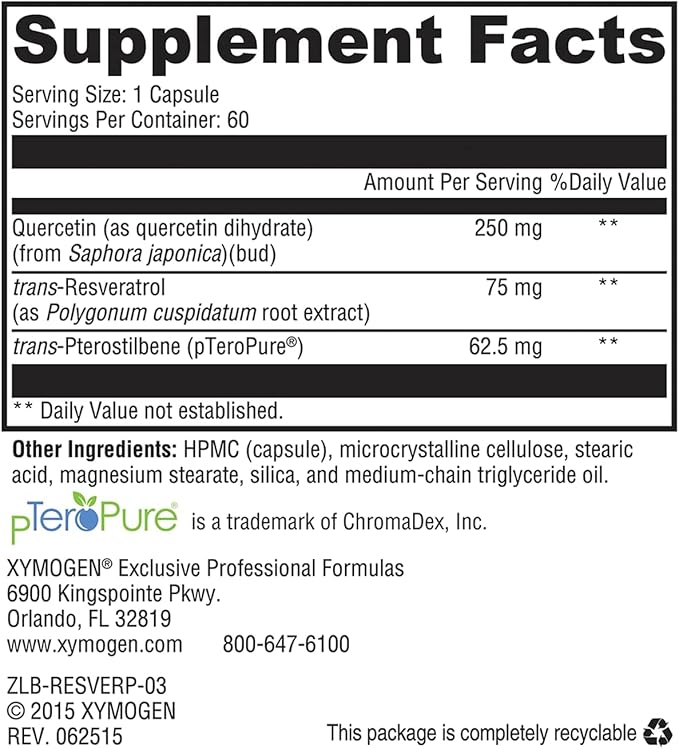XYMOGEN Resveratin Plus - Resveratrol Quercetin &amp Pterostilbene - Antioxidant &amp Cellular Health Support - Vegan Gluten-Free &amp Non-GMO - 60 Capsules