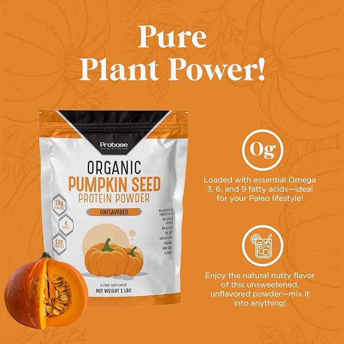 Probase Nutrition Pumpkin Seed Protein Powder Unsweetened Plant-Based Pumpkin Protein Powder Ideal for Post-Activity Support Pumpkin Powder is Rich in Omega 3 6 9 | 1 lb Cold Pressed