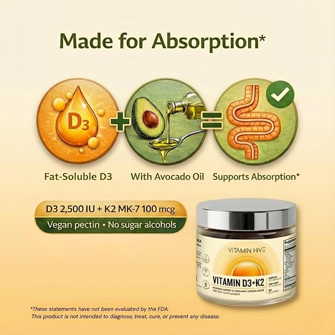 Vitamin 2500 IU D3 + 100mcg K2 MK-7 - Manuka Honey &amp Organic Lemon - Vegan Pectin - No Sugar Alcohols - with Avocado Oil for Absorption - Bone &amp Immune Support - 60 Day Supply