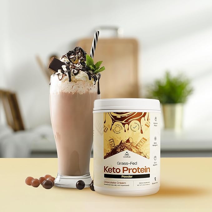 LevelUp 𝗪𝗜𝗡𝗡𝗘𝗥 - 𝗕𝗘𝗦𝗧 𝗞𝗘𝗧𝗢 𝗣𝗥𝗢𝗧𝗘𝗜𝗡 Grass-fed Collagen Protein Powder C8 MCT Oil Whey Protein Isolate Irish Butter Ketogenic Protein Shake Supplement (Chocolate Cream)