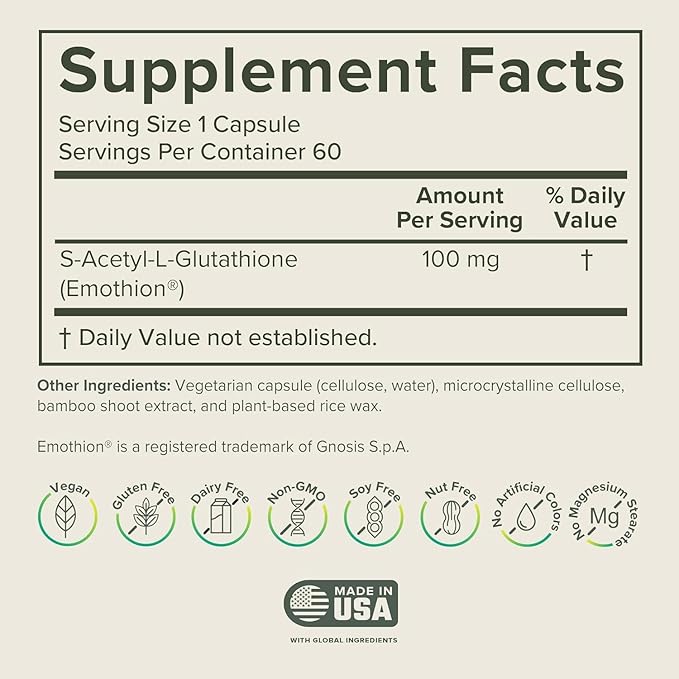 Prominent Nutrition S-Acetyl L-Glutathione Supplement - Clinically Researched Emothion Acetylated Glutathione for Normal Liver Detoxification Support &amp Optimal Antioxidant Effect Vegan - 1 Pack