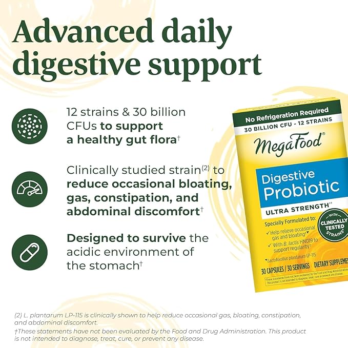MegaFood Digestive Probiotic - 12 Strain Vegetarian Probiotics for Women &amp Men 30 Billion CFUs Support Gut Health Probiotics for Digestive Health Help Relieve Occasional Gas &amp Bloating 30