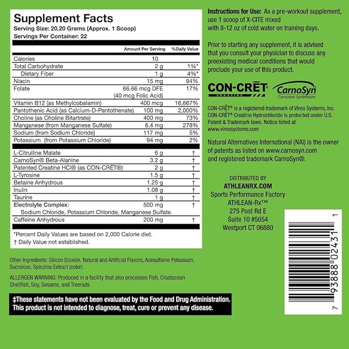 X-CITE Pre-Workout by ATHLEAN-X - Enhanced Formula with Beta-Alanine Creatine &amp Caffeine for Ultimate Energy Endurance Focus &amp Muscle Pump NSF Certified for Sports (Sour Blue Raspberry)