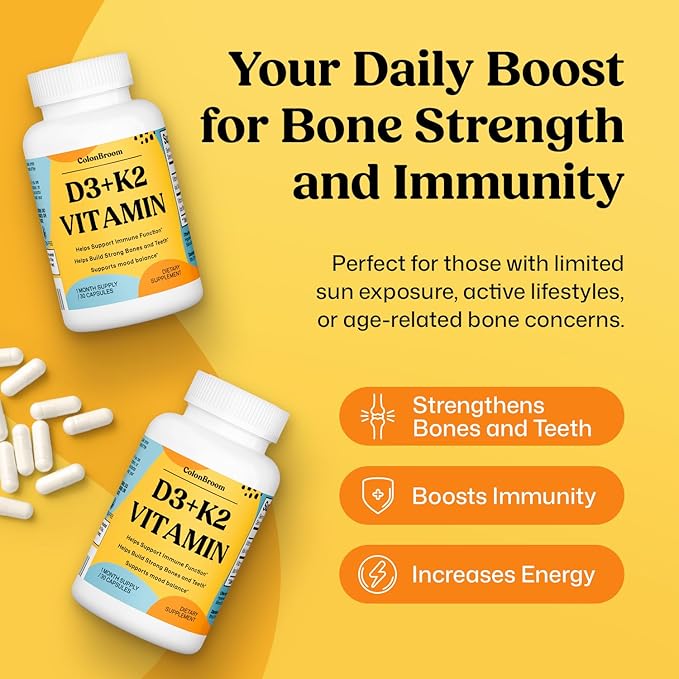 ColonBroom Vitamin D3 K2 | Supports Immune System Mood Balance Strong Bones &amp Teeth | Vegan Non-GMO Gluten-Free | Maximum Strength 2-in-1 K2 D3 Vitamin Supplement (30 Capsules 1 Month Supply)