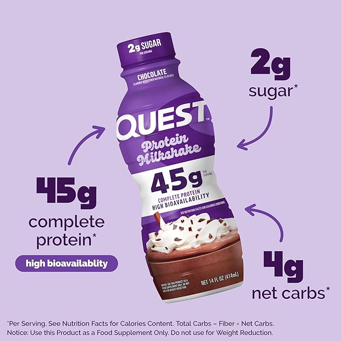Quest Nutrition Chocolate Protein Shake 45g Protein 2g Sugar 4g Net Carbs Ready to Drink Gluten Free 12 Count