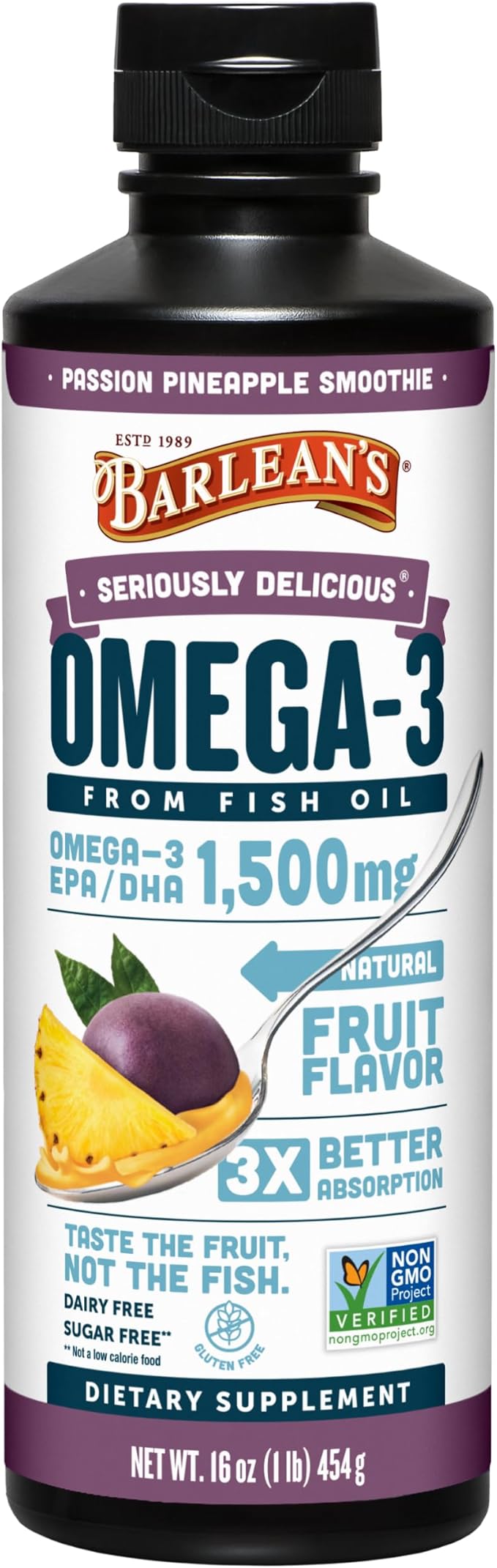 Barlean's Omega 3 Fish Oil Liquid Supplement for Men and Women 1500mg of EPA and DHA Fatty Acid Promotes Brain &amp Heart Health - Non-GMO Passion Pineapple Smoothie 16 oz