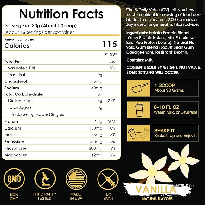 NATURE TARGET Isolate Whey Protein Powder Vanilla 25g Protein Low Carb Sugar-Free &amp Gluten-Free 5.5g BCAAs Rich in Fibers &amp Minerals 1.1 Pound 16 Servings