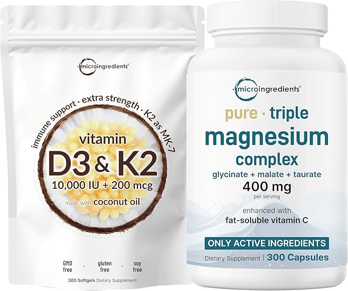 Micro Ingredients Vitamin D3 10000iu + K2 200mcg Softgels &amp Pure Triple Magnesium Complex 400mg Capsules | 2 Pack Bundle | Essential D &amp K Sunshine Vitamins | Glycinate Malate &amp Taurate