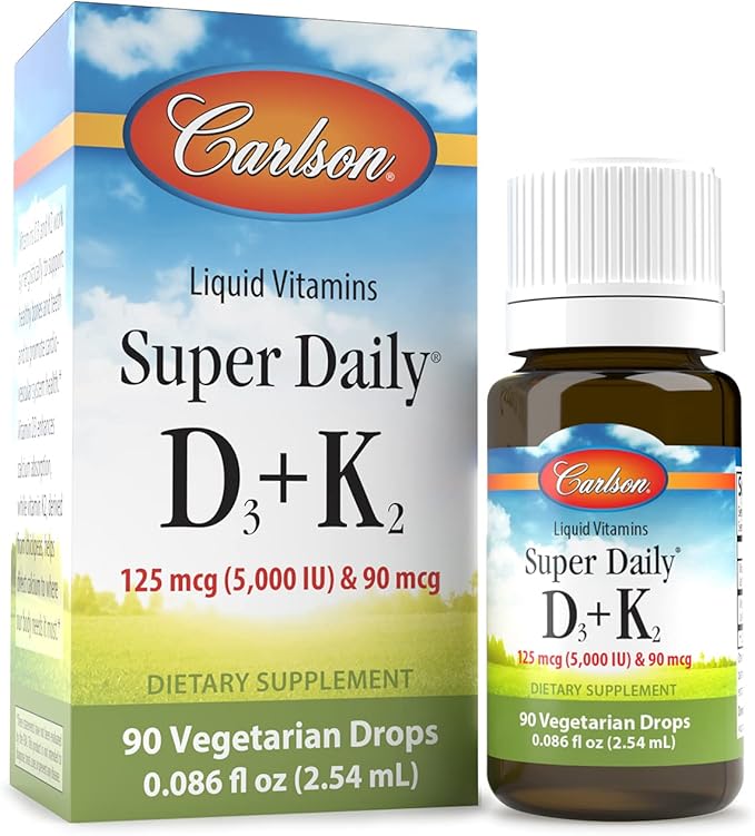 Carlson - Super Daily D3 + K2 125 mcg (5000 IU) Vitamin D3 90 mcg Vitamin K2 as MK-7 Bone Support 90 Liquid Drops (2.54 mL)