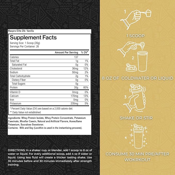 Max Muscle Maxpro Elite Premium Multi-Sourced 30g Whey Protein | Micellar Casein Cold Filtered Whey Isolate Protein Concentrate | Promotes Muscle Growth Strength and Recovery (Vanilla Ice Cream 4lb)