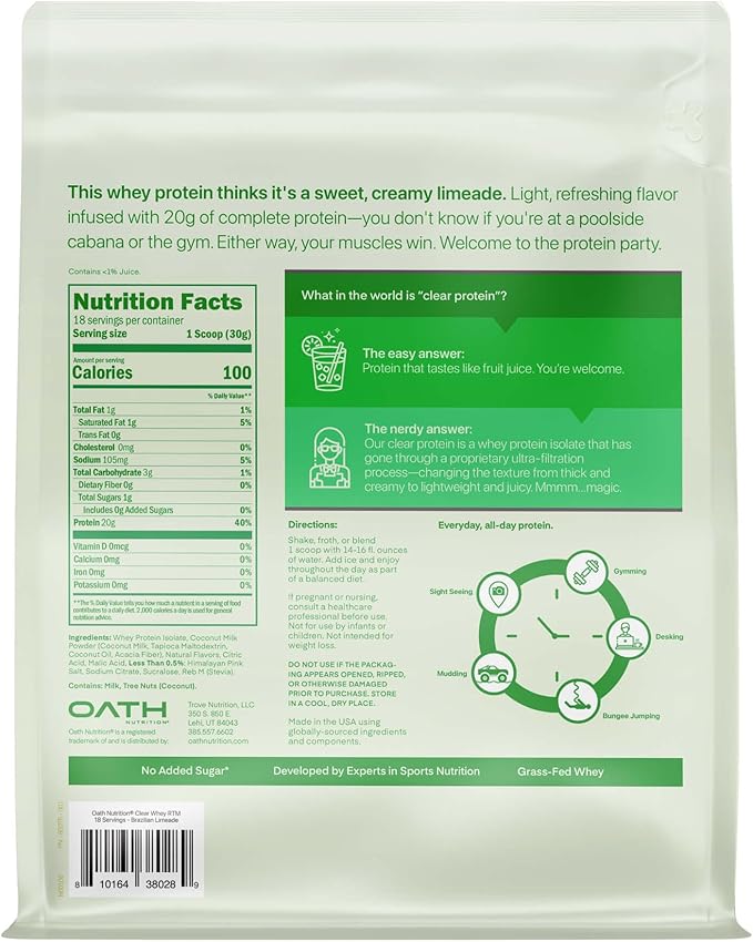 Oath Nutrition Clear Whey Isolate Protein Powder Brazilian Limeade 20g Complete Protein per Serving No Added Sugar Grass-Fed 18 Servings