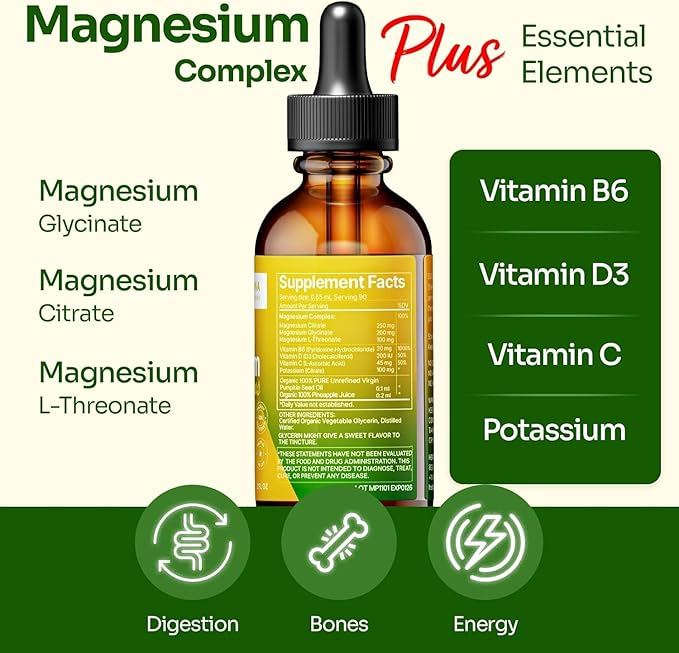Magnesium Drops - Citrate + Glycinate + L-Threonate - Pineapple Flavor - with B6 D &amp C - Kid-Friendly Magnesium Liquid Drops 2 fl oz