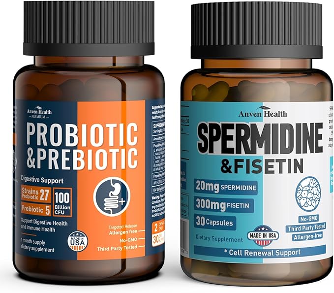Probiotics &amp Spermidine Supplement - 100B CFU 27 Strains 20mg Spermidine 300mg Fisetin for Gut Health Cell Renewal &amp Longevity