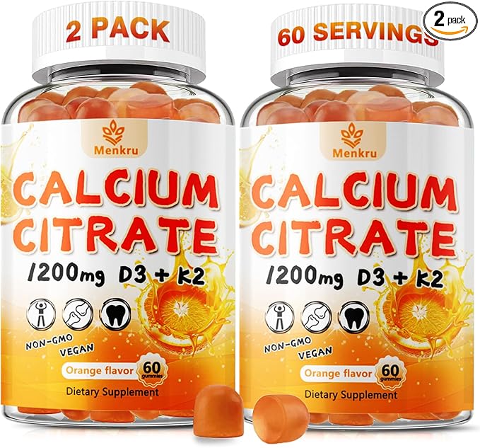 (2 Pack) Calcium Citrate GummiesCalcium 1200 mg with Vitamin D3 and K2 for Women &amp Men.Supports Bone Muscle &amp Teeth - Natural Orange Flavor120 Gummies- 60 Day Vegan Supply