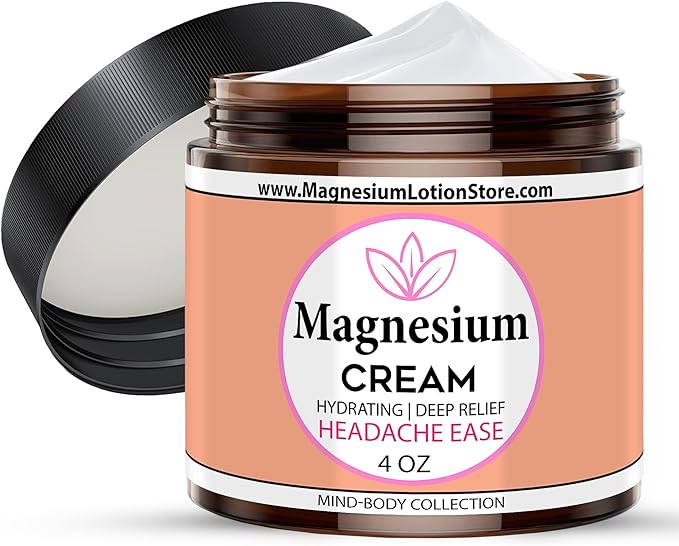 Magnesium Cream for Headache Migraines Muscle Soreness Cramps Relief with Shea Butter Coconut Oil Aloe Vitamin E - Magnesium Cream for Calm &amp Relaxation - Peperminty Scent - 4fl oz - USA Mad