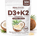 Real Good Essentials Vitamin D3 K2 Real Good D3+K2 (MK7) Coconut Oil Softgels Immune Supports Bone Support Easy to Swallow Non-GMO Gluten Free 300 Softgels