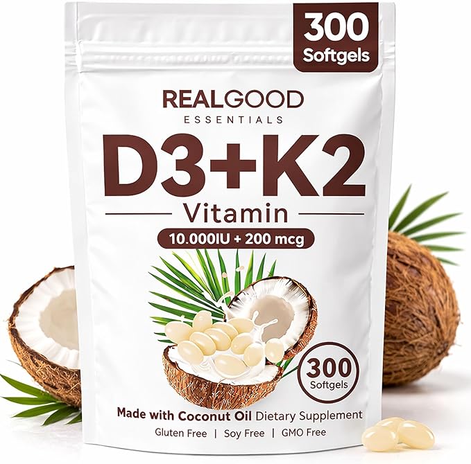 Real Good Essentials Vitamin D3 K2 Real Good D3+K2 (MK7) Coconut Oil Softgels Immune Supports Bone Support Easy to Swallow Non-GMO Gluten Free 300 Softgels