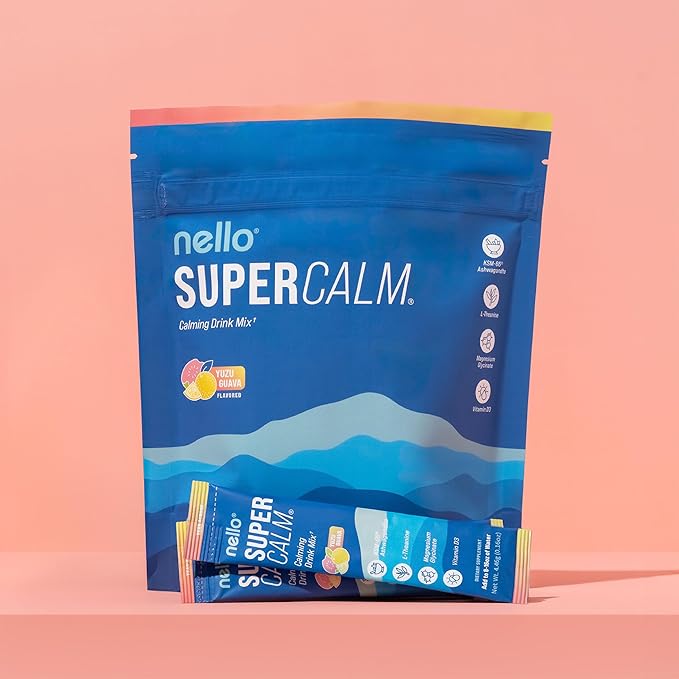 Nello Supercalm Powdered Drink Mix Cortisol Reducer* and Sleep Aid Supplement L Theanine Ksm-66 Ashwagandha Magnesium Glycinate Vitamin D 3 No Sugar Non GMO On The Go 20 Ct Yuzu Guava