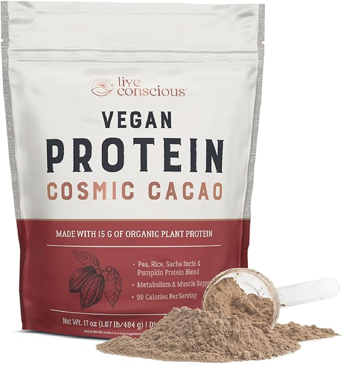Live Conscious Cosmic Cacao - Organic Vegan Protein Powder Chocolate Flavor Plant-Based Blend - Pea Protein Brown Rice Pumpkin Sacha Inchi - 20 Servings 17 oz