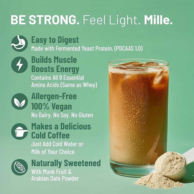 Mille Coffee Hazelnut Plant Protein Powder | 25g Protein per Scoop | Vegan Yeast Protein for Shakes &amp Smoothies | No Added Sugar Non-Bloating Clean Plant-Based Blend | 17.64 Oz (500g)