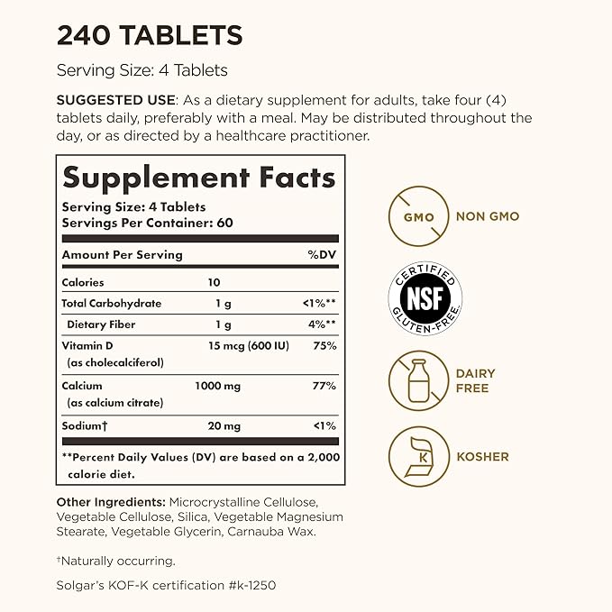 Solgar Calcium Citrate with Vitamin D3 240 Tablets - Promotes Healthy Bones &amp Teeth Supports Musculoskeletal &amp Nervous Systems - Non-GMO Gluten-Free Dairy Free Kosher - 60 Servings