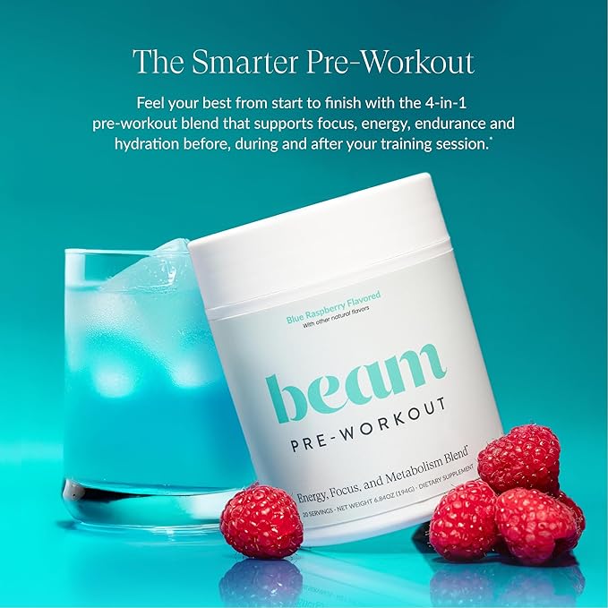 Beam Pre Workout Powder – Pre Workout Supplement with Organic Caffeine 350 mg Electrolytes &amp Nootropic Focus Support No Sugar Pre Workout for Women &amp Men Blue Raspberry Flavor 20 Servings