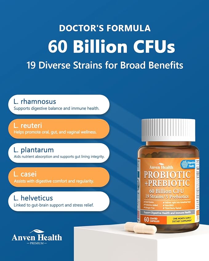 60 Billion Probiotic and Prebiotic for Women and Men - 19 Strains 5 Organic Prebiotics for Gut Digestive &amp Immune Health Supports Diarrhea Gas Bloating Non-GMO – Made in USA丨60 Caps