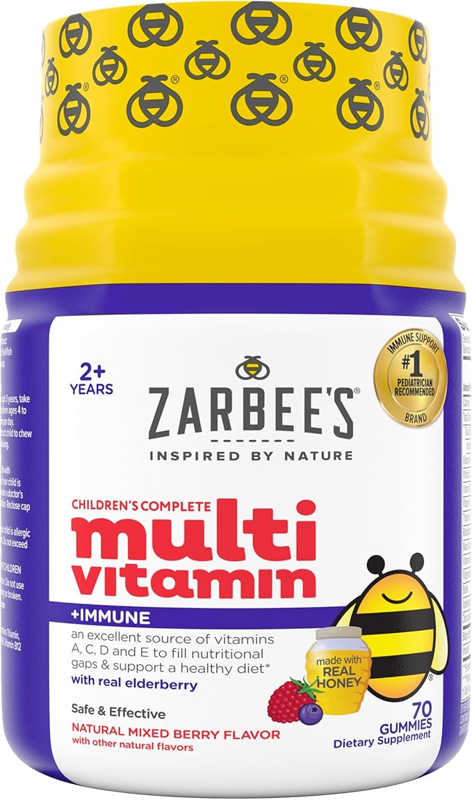 Zarbee’s Complete Kids Multivitamin Gummies + Immune Support Berry Flavor Honey-Sweetened Gluten-Free &amp Gelatin-Free Vitamins A C D3 E B6 B12 Folic Acid &amp B-Complex 70 Count