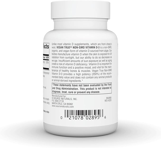 Source Naturals Vegan True Non-GMO Vitamin D-3 Dietary Supplement for Immune and Bone Health* 2000 IU - 90 Capsules