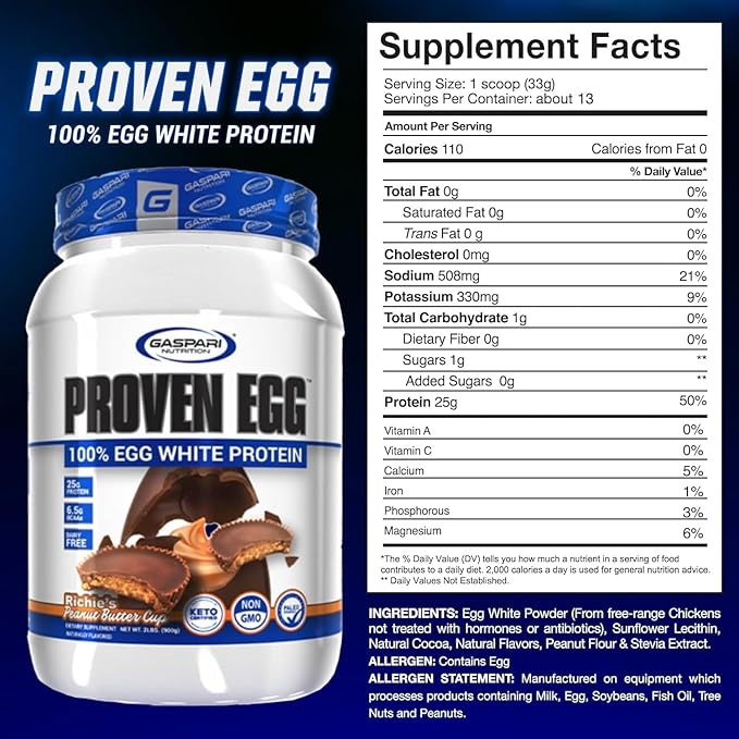 Gaspari Nutrition Proven Egg 100% Egg White Protein 25g Protein Keto Friendly Dairy Free Lactose Free Soy Free (1lb Peanut Butter)