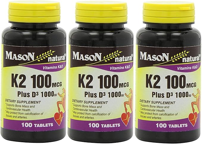 Mason Natural Vitamin K2 100 mcg Plus D3 1000 IU Tablets 100 Count per Bottle Pack of 6 Total 600 Tablets