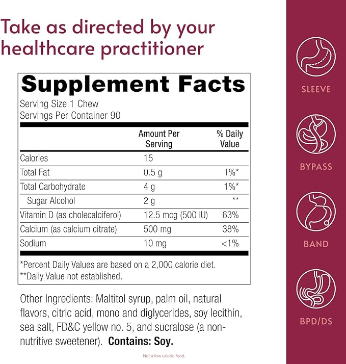 Bariatric Advantage Calcium Citrate Chewy Bites 500 mg - Highly Absorbable &amp Digestible - Vitamin D3 - Easily Chewable Calcium Supplement - Pineapple Mango - 90 Count