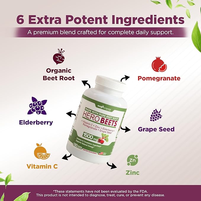 Gade Nutrition Hero Beets - Beet Root Capsules 1500mg - Organic Beet Root Powder + Vitamin C Zinc Elderberry Pomegranate Grape Seed Extract - 3 Months Supply