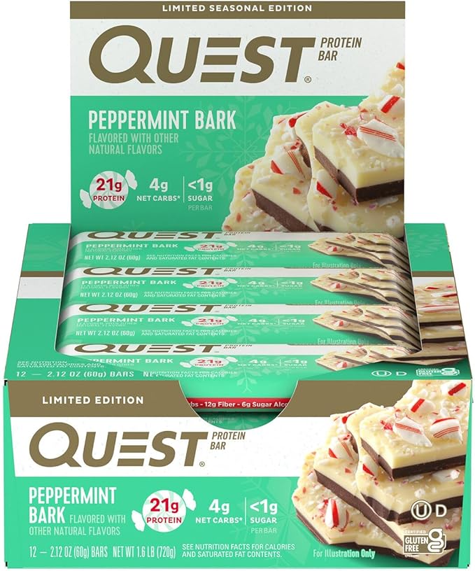 Quest Nutrition Peppermint Bark Protein Bar 21g Protein 4g Net Carb 1g Sugar Gluten Free &amp Apple Pie Protein Bar 20g Protein 4g Net Carbs 2g Sugar Gluten Free Keto Friendly