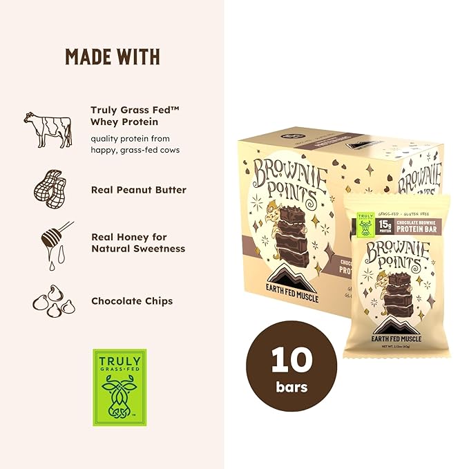 Earth Fed Muscle Brownie Points – Chocolate Brownie Grass Fed Whey Protein Bars | 15g Protein Snack | Gluten Free Non-GMO All-Natural Clean Energy | 2.12 oz Bars (10 Count)