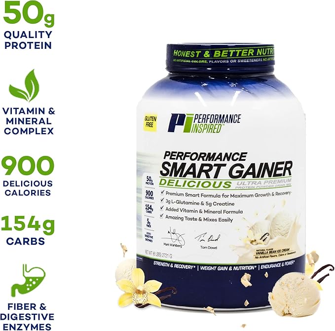 Performance Inspired Nutrition Smart Mass Gainer – 50G Protein 900 Calories Creatine L-Glutamine &amp Digestive Enzymes – Muscle Growth &amp Recovery – Vanilla Bean Ice Cream – 6 lb