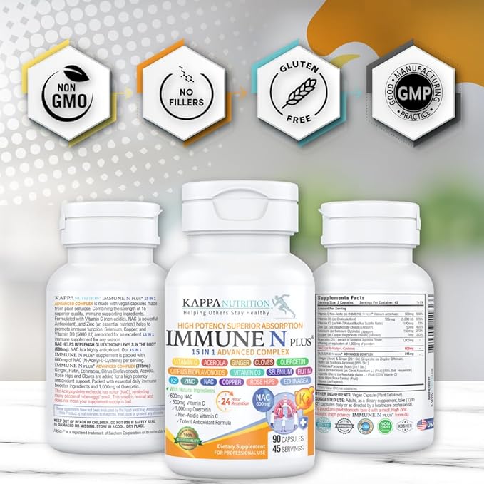 (90 Capsules) NAC 600mg Quercetin 1000mg Vitamin C 500mg Zinc 50mg Vitamin D3 5000iu Selenium Copper Acerola Ginger Rutin Citrus Bioflavonoids Rose Hips Echinacea Immune N Plus 15 in 1