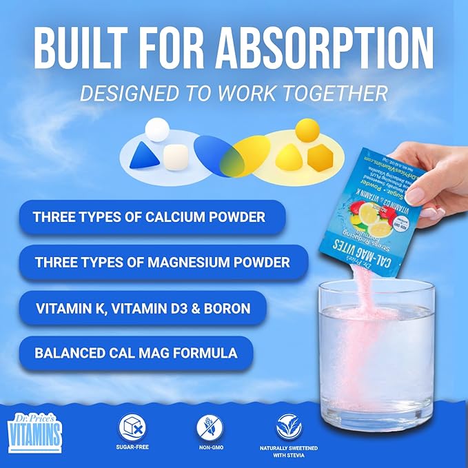 Dr. Price’s Cal-Mag Vites – Strawberry Lemon 30 Packs | Calcium Magnesium Powder Packets + Vitamin D3 K &amp Boron | Calming Bone &amp Muscle Support for Kids &amp Adults | Doctor-Formulated