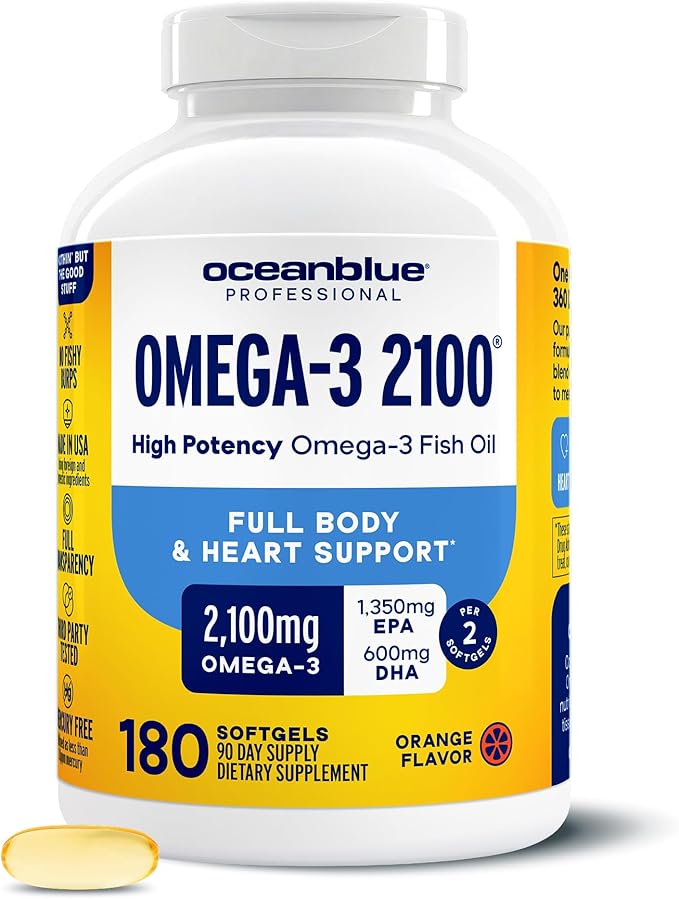 Oceanblue Professional Omega-3 2100 – 180 ct – Triple Strength Burpless Fish Oil Supplement with High-Potency EPA DHA DPA – Wild-Caught – Orange Flavor (90 Servings)