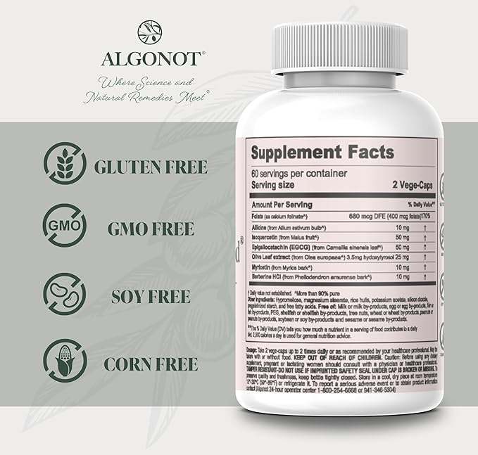 Algonot KardioFlameGuard – Heart Health Supplement Cardiovascular Support with Allicin Folinic Acid Isoquercetin Berberine – 60 Capsules