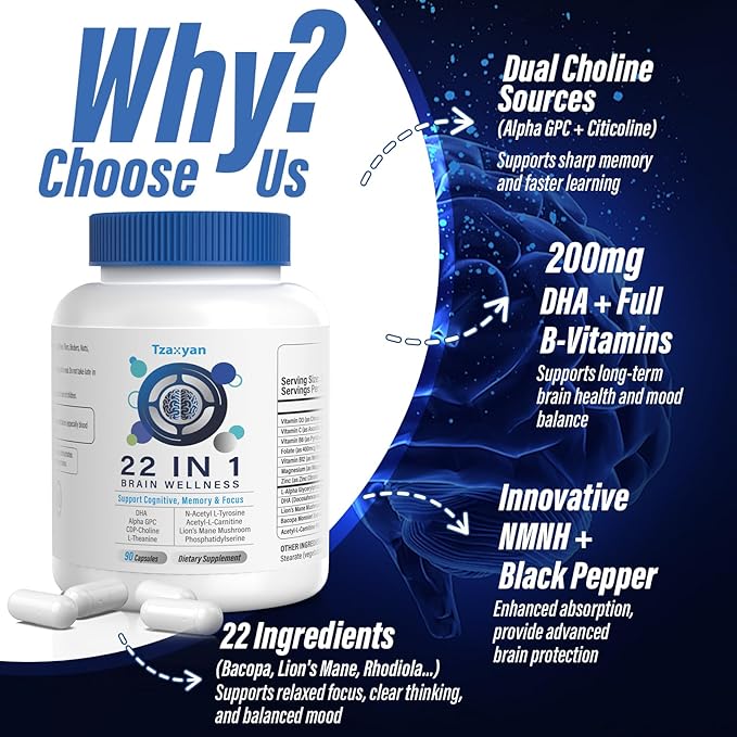 Brain Supplements for Memory and Focus Clarity &amp Cognitive Improvement 300mg Alpha GPC CDP-Choline DHA Lion’s Mane L-Theanine Vitamin &amp Phosphatidylserine for Men &amp Women 120 Capsu