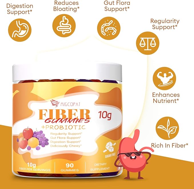 10G Fiber Gummies for Adults - Support Digestive Health - Fiber Supplement with 30 Billion CFU Probiotics Blend ACV Vitamin C Inulin - No Sugar Added - Fruit Flavored - 180 Count