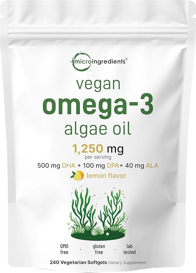 Micro Ingredients Vegan Omega 3 Algae Oil 240 Veggie Softgels | Fish Oil Alternative | DHA 500mg &amp DPA 100mg | Carrageenan Free | Plant-Based Omega 3 with Flaxseed &amp ALA | Lemon Flavored