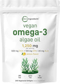 Micro Ingredients Vegan Omega 3 Algae Oil 240 Veggie Softgels | Fish Oil Alternative | DHA 500mg &amp DPA 100mg | Carrageenan Free | Plant-Based Omega 3 with Flaxseed &amp ALA | Lemon Flavored