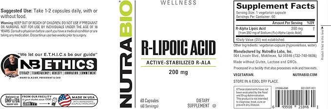 NutraBio R-Lipoic Acid Supplement 200mg Active Stabilized R-ALA - Optimized Alpha Lipoic Acid Formula for Better Absorption to Support Health and Wellness - 60 Capsules