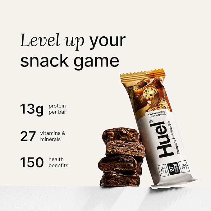 Huel Complete Nutrition Vegan Protein Bars | Cookie Dough | 13g Protein | 27 Vitamins &amp Minerals 2g Sugar Non-GMO 100% Plant Based Snack | 12 Pack