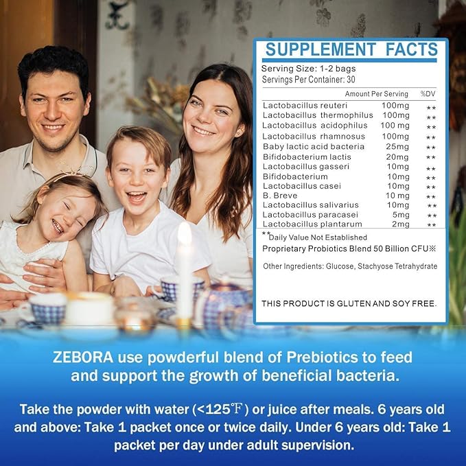ZEBORA Probiotics for Women Men and Kids Age 3+ Prebiotics and Probiotics Powder for Digestive and Immune Health – Support Healthy-Respiratory-System Gluten Free and Non GMO 30 Bags