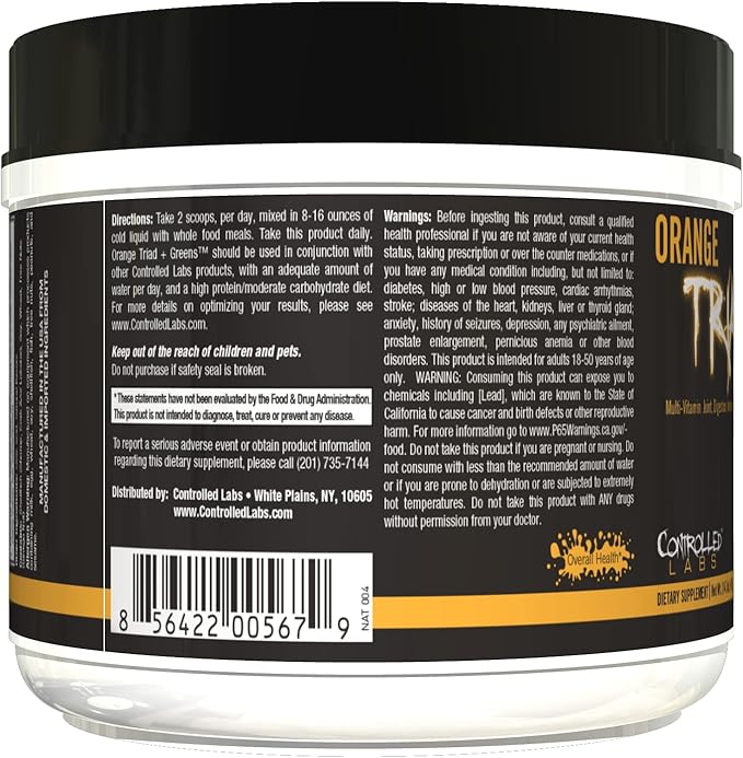 CONTROLLED LABS Orange Triad Plus Greens for Men and Women 30 Servings Iron Free Sports Supplement for Overall Health Multivitamin Digestion Immune System and Joint Health