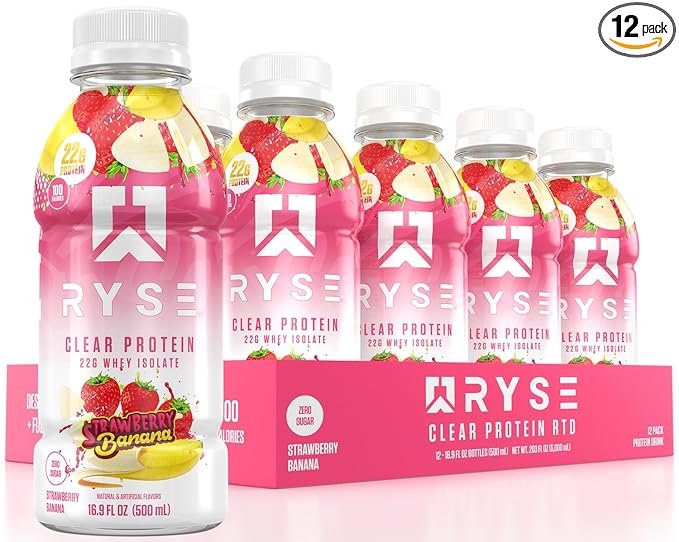 RYSE Clear Protein Drink - Strawberry Banana - 100 Calories 22g Whey Isolate Protein Shake Sugar-Free 0g Fat &amp Lactose-Free - Refreshing Ready-to-Drink Beverage - 16.9 fl oz Bottles (12-Pack)