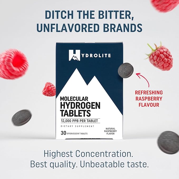 HydroLite Molecular Hydrogen Tablets for Drinking Water with Magnesium | Highest Concentration H2 12000 PPB | Energy Booster Enhance Performance &amp Recovery | Made in USA 30 Tablets (Raspberry)